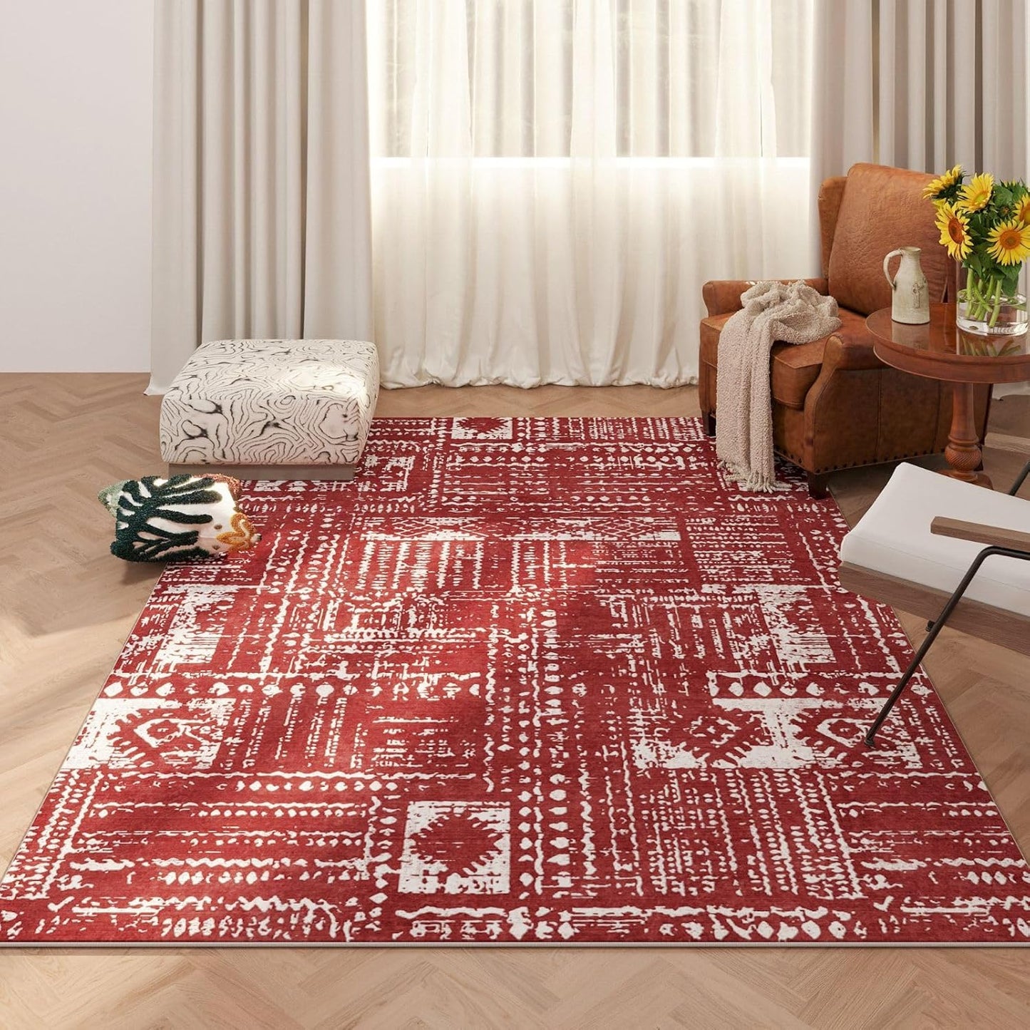 Rugcomf 5x7 Machine Washable Boho Area Rug for Living Room