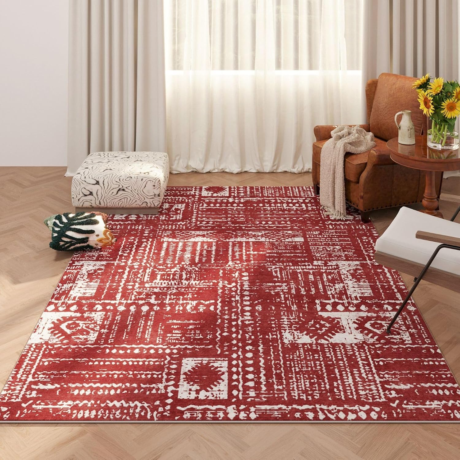 Rugcomf 5x7 Machine Washable Boho Area Rug for Living Room