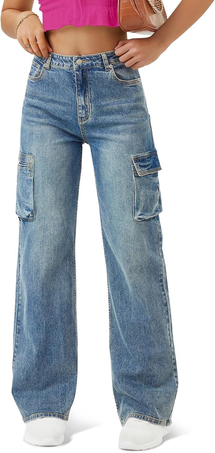 Women High Waisted Cargo Jean with 6 Pockets for Style