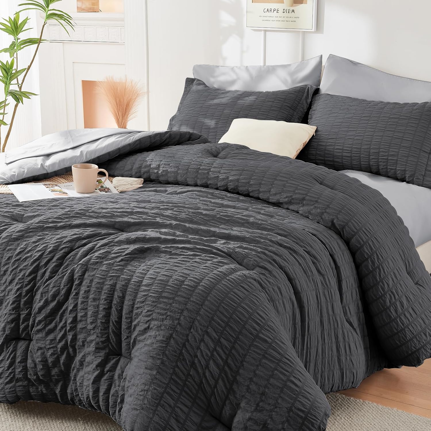 HYMOKEGE Full Size Comforter Set with Seersucker Design Luxury