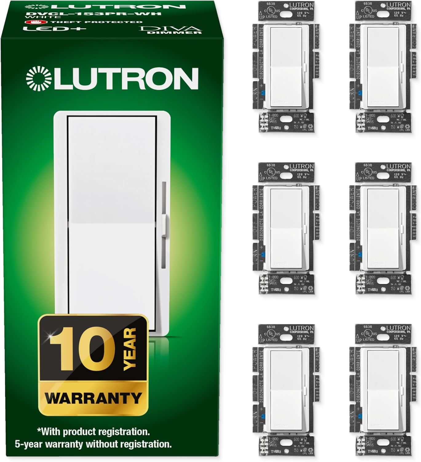Lutron Diva LED+ Dimmer Light Switch for Dimmable Bulbs, 6 Pack