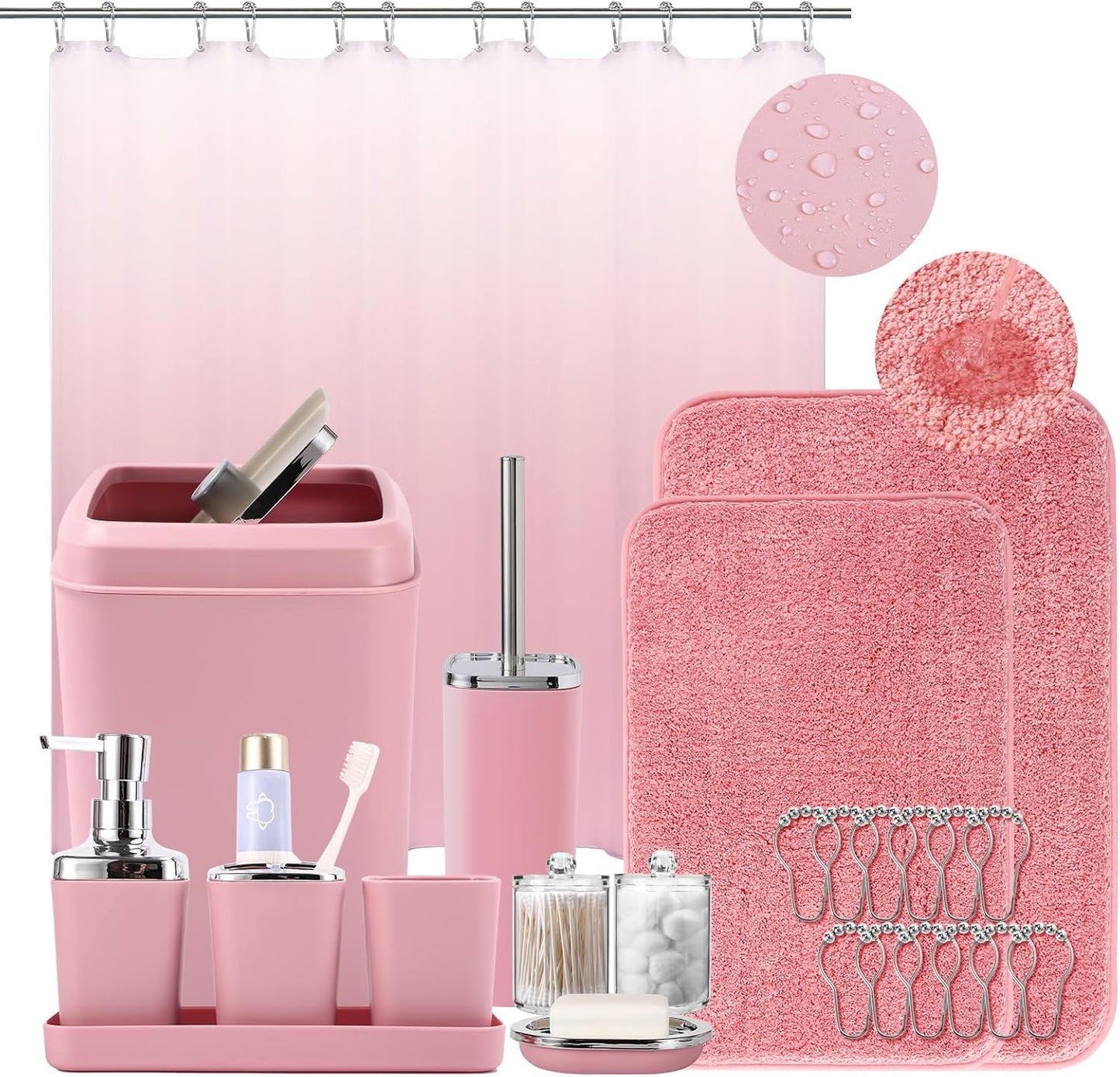 Complete Bathroom Accessory Set with Pink Ombre Shower Curtain