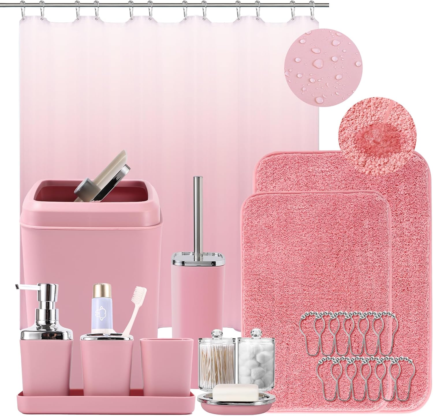Complete Bathroom Accessory Set with Pink Ombre Shower Curtain