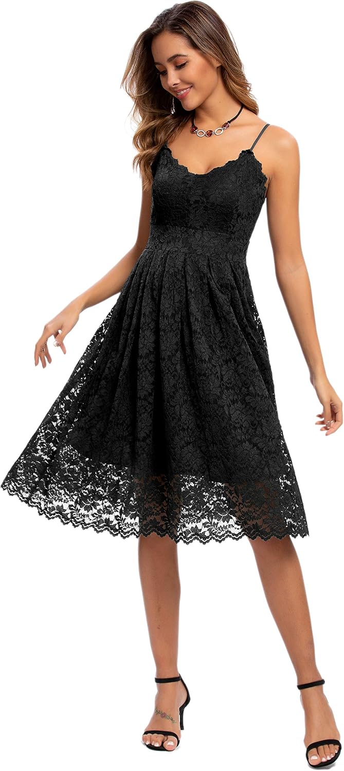 Atnlewhi Womens Spaghetti Strap V Neck A Line Lace Dress