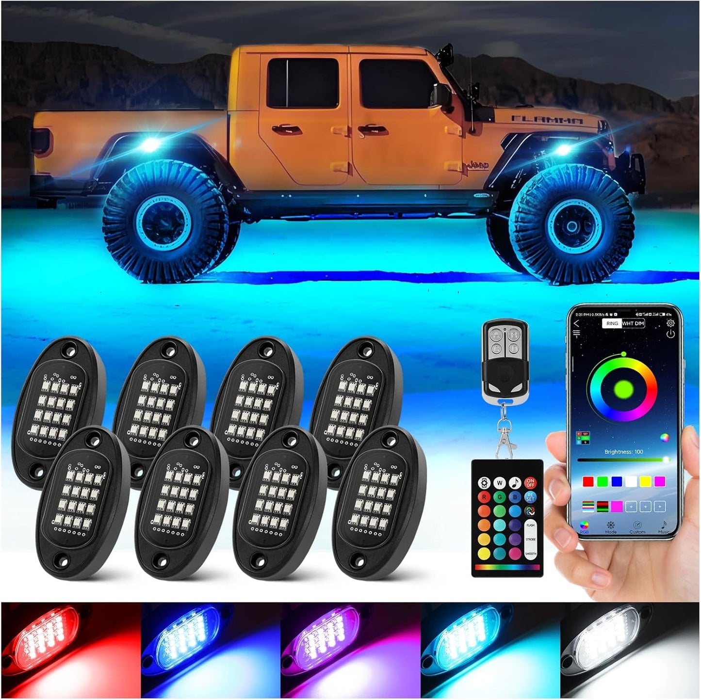 8 Pods Segmented RGB LED Rock Lights for Trucks and SUVs