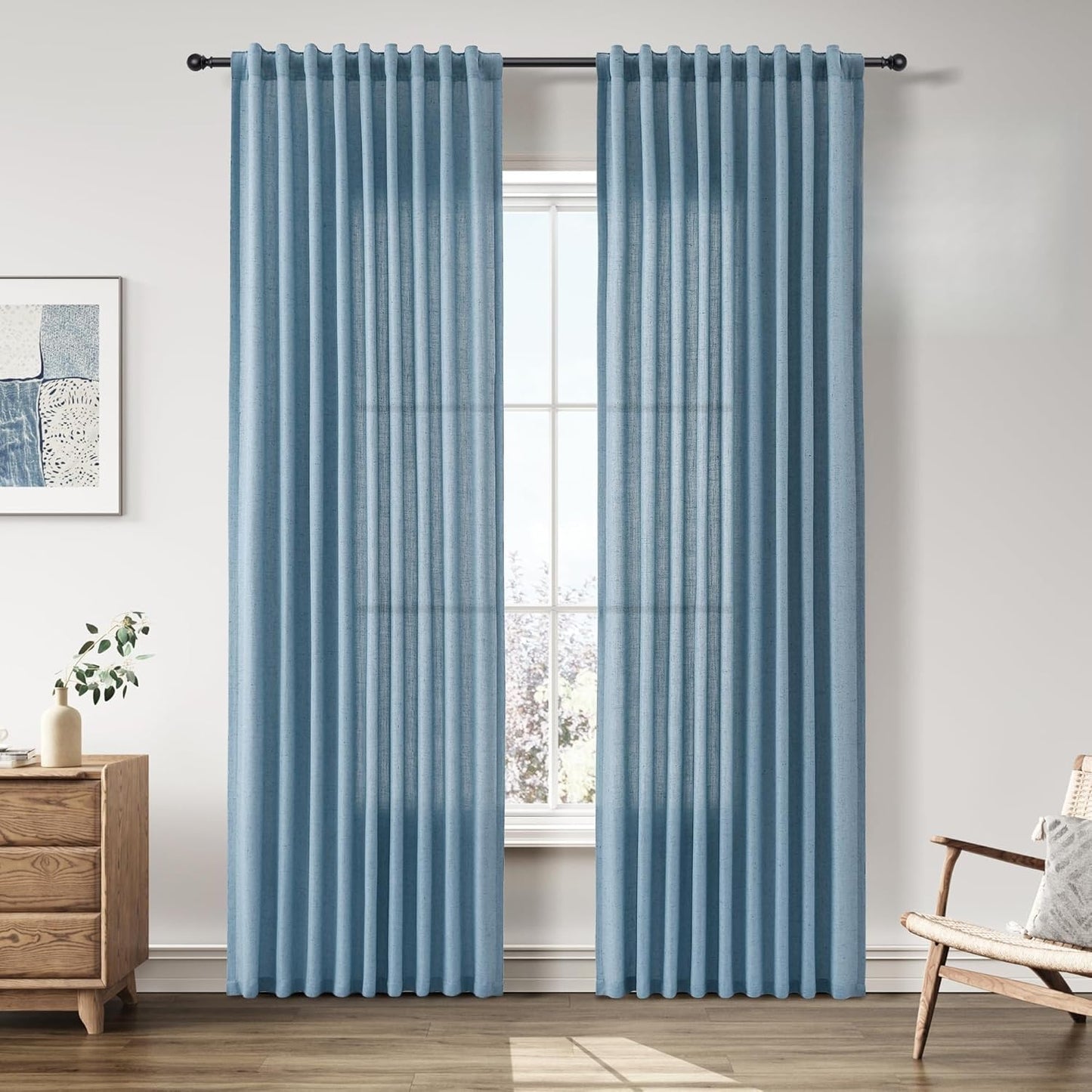 Blue Linen Back Tab Curtains 84 Inches Long for Modern Homes