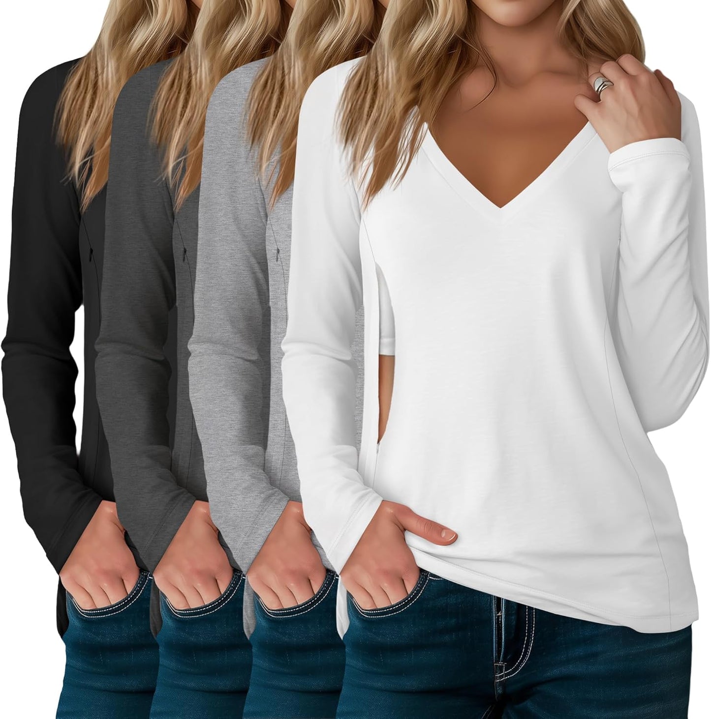 4 Pack Women's Long Sleeve Nursing Shirts for Comfortable Feeding