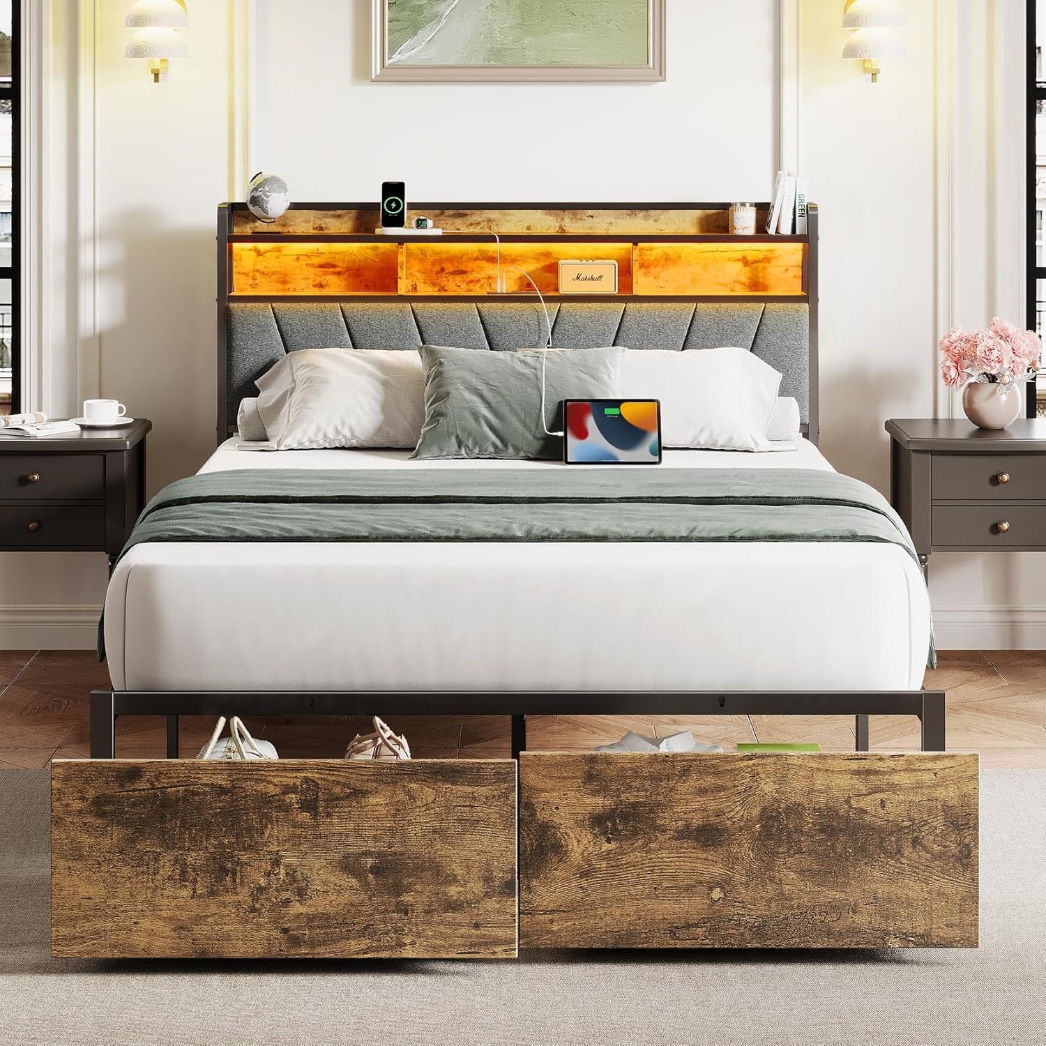 Full Bed Frames with Headboard and LED Lights for Storage