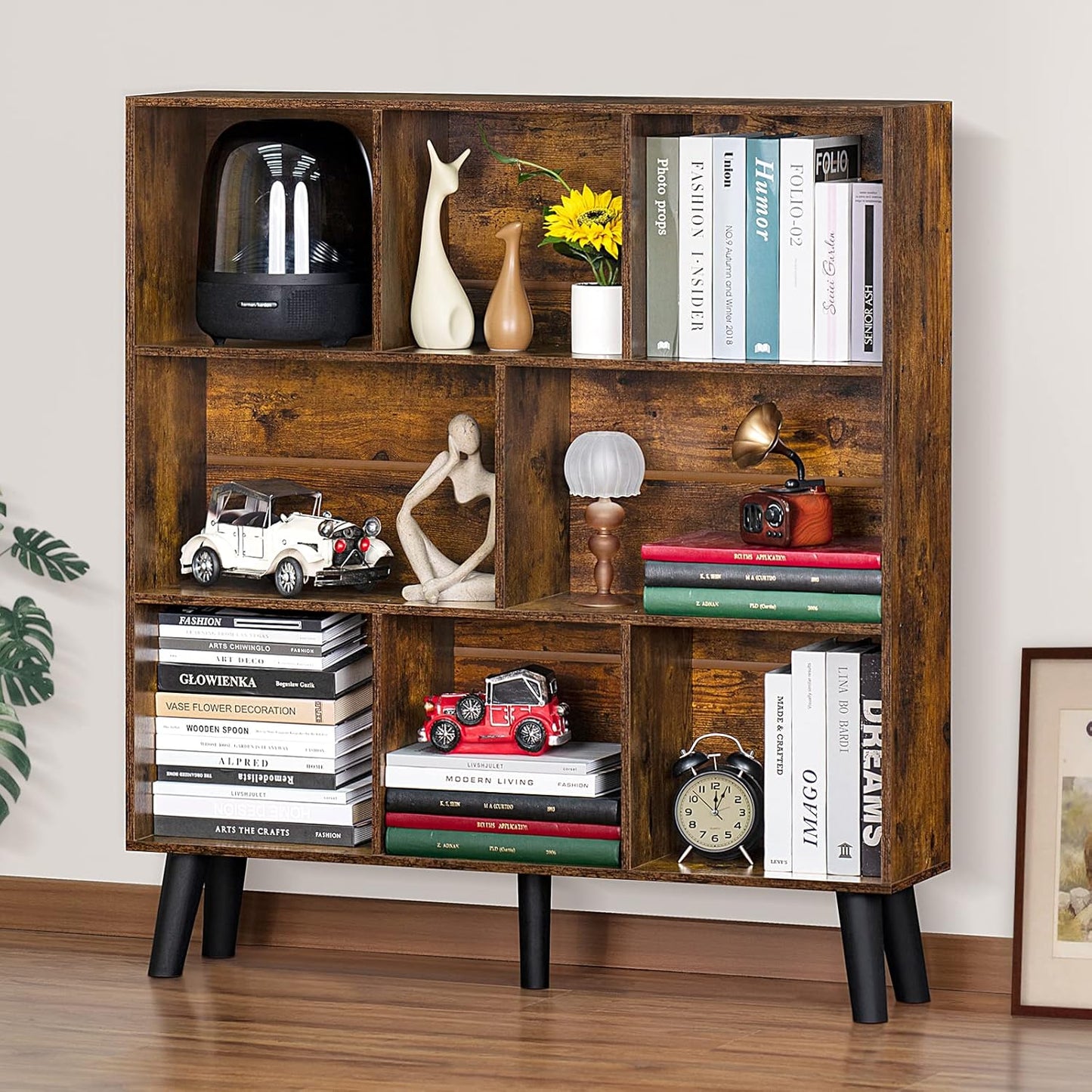 LEYAOYAO 8 Cube Bookshelf: Rustic Brown Mid-Century Modern Design