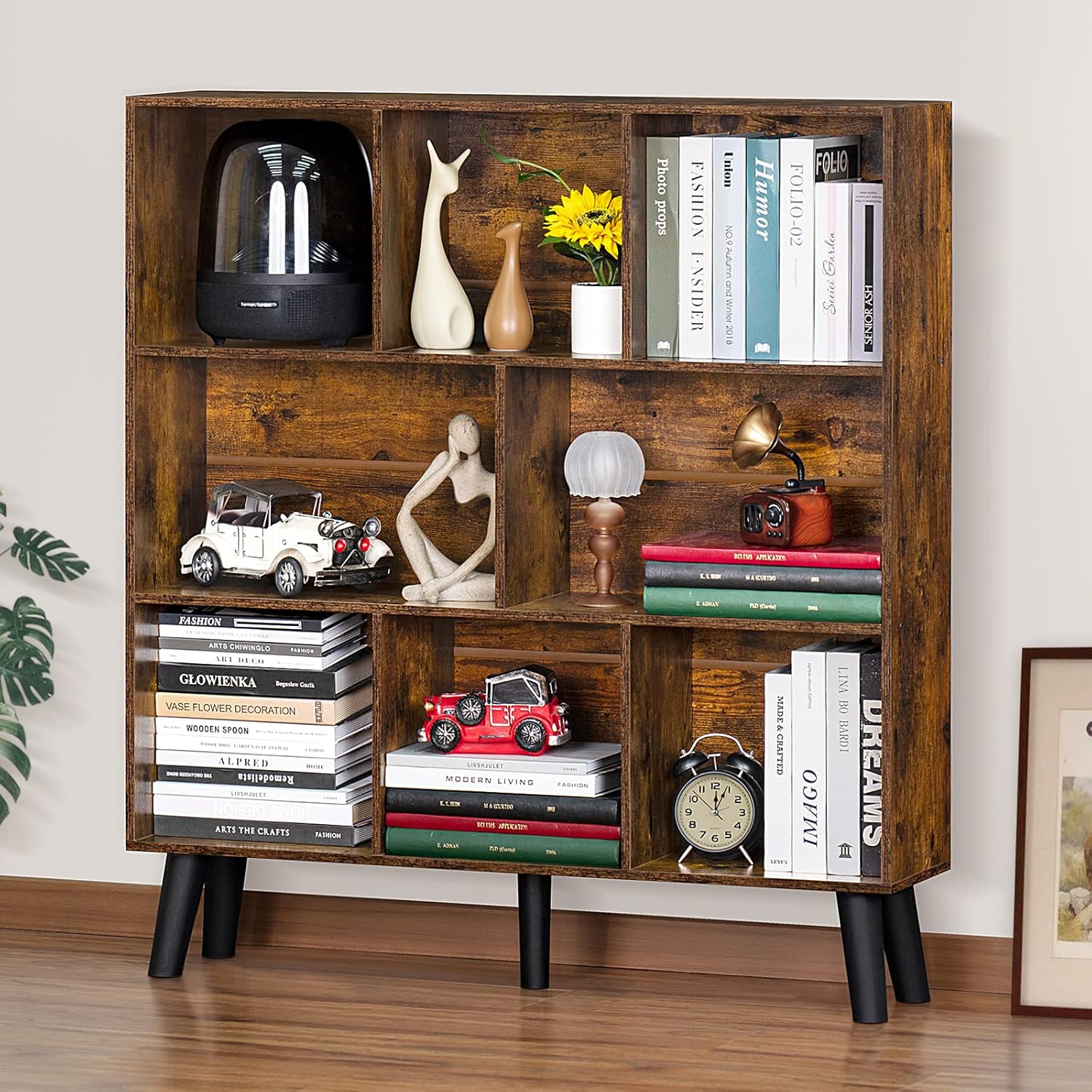 LEYAOYAO 8 Cube Bookshelf: Rustic Brown Mid-Century Modern Design