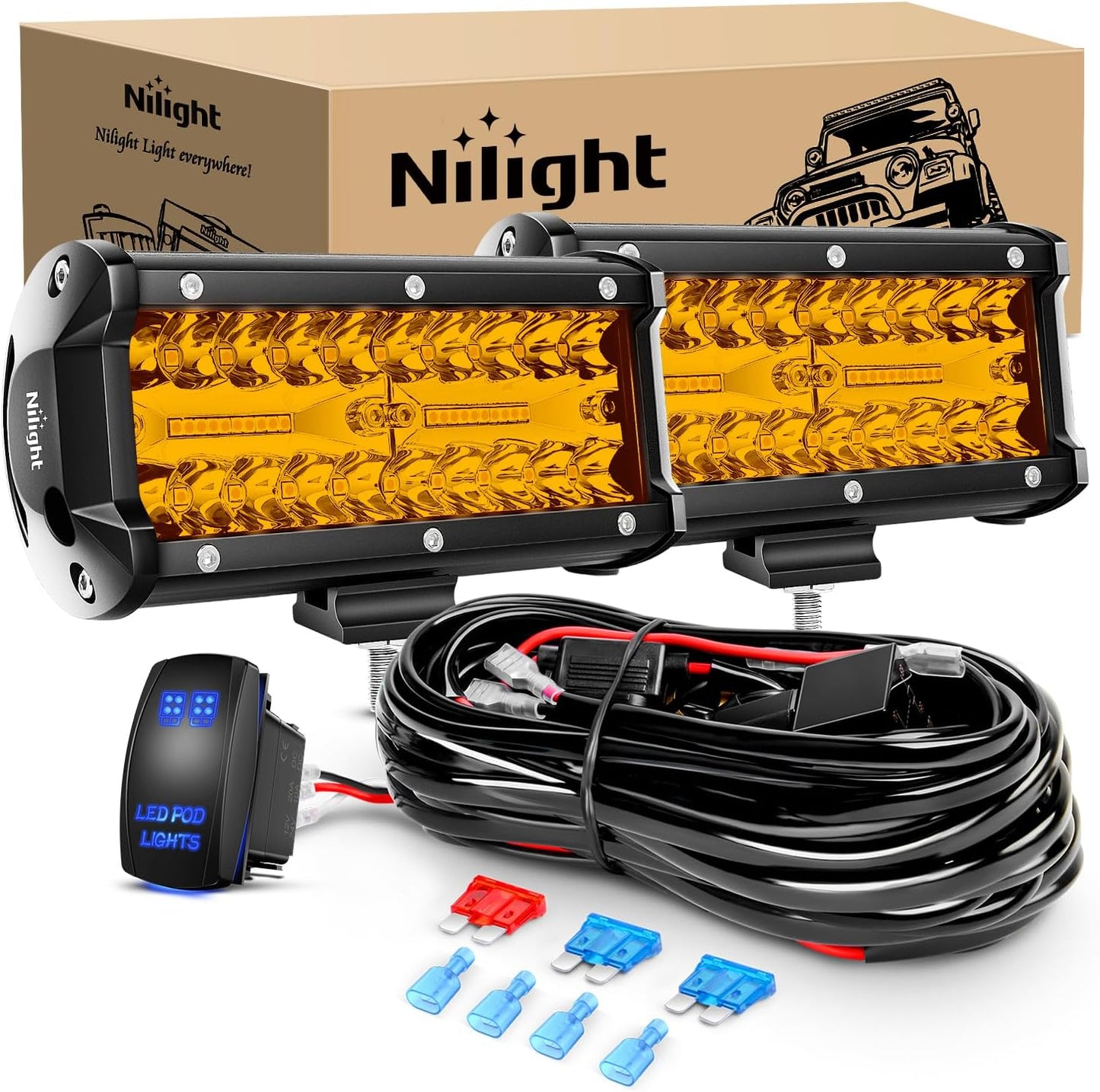 Nilight 6.5 Inch Amber LED Light Bar - 120W Off Road Fog Lights