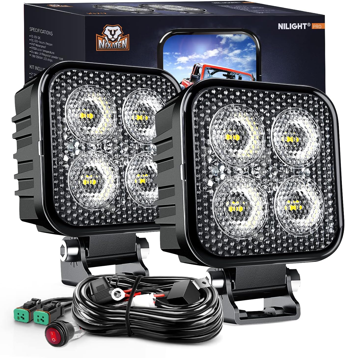 Nilight 3 Inch LED Pods Square Work Lights for Offroad Use