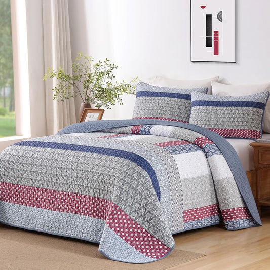 Bohemian Stripe Quilt King Size Set - Lightweight Microfiber Bedding