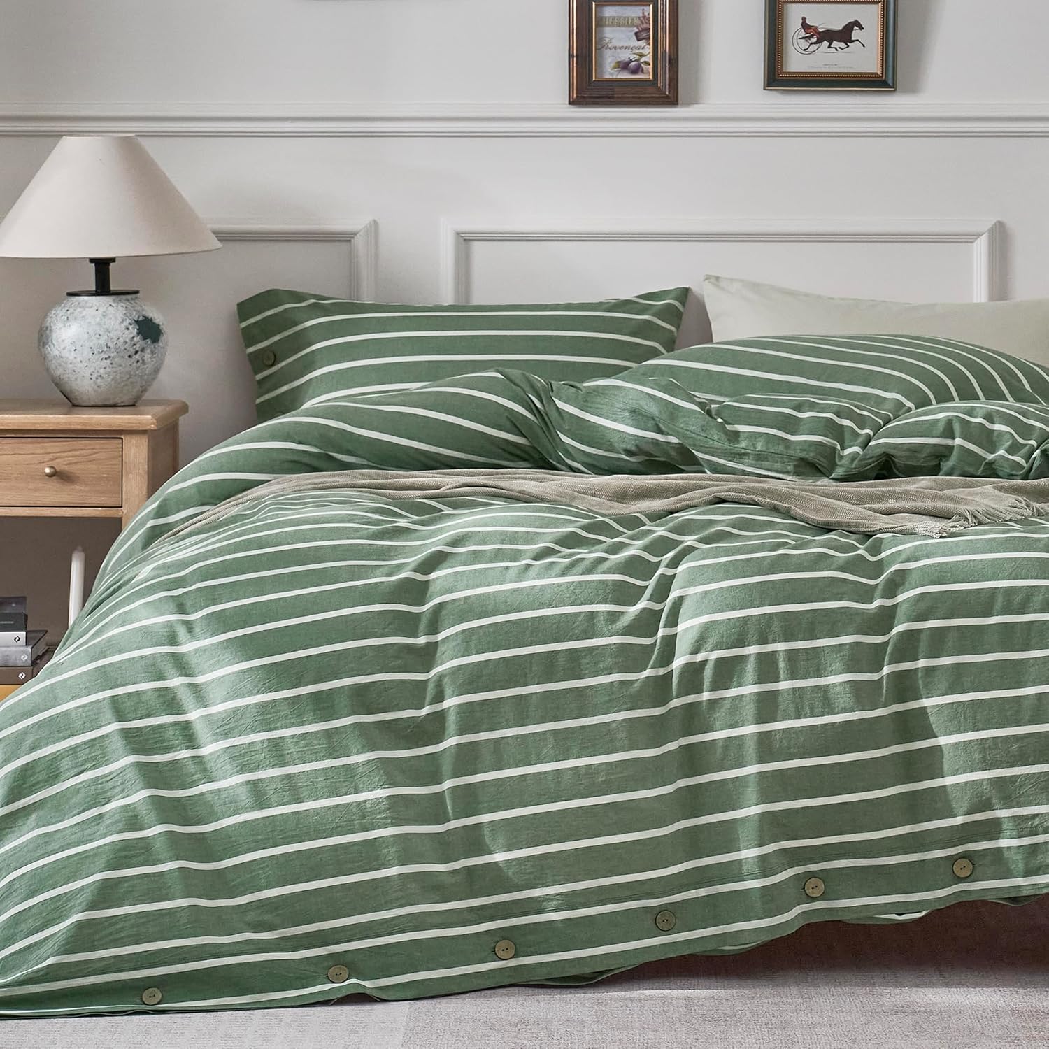 JELLYMONI Cotton Duvet Cover King Size - Green Striped Bedding Set