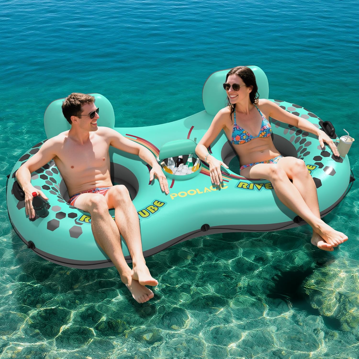 2-Person Inflatable River Tube with Built-in Cooler & Cup Holders