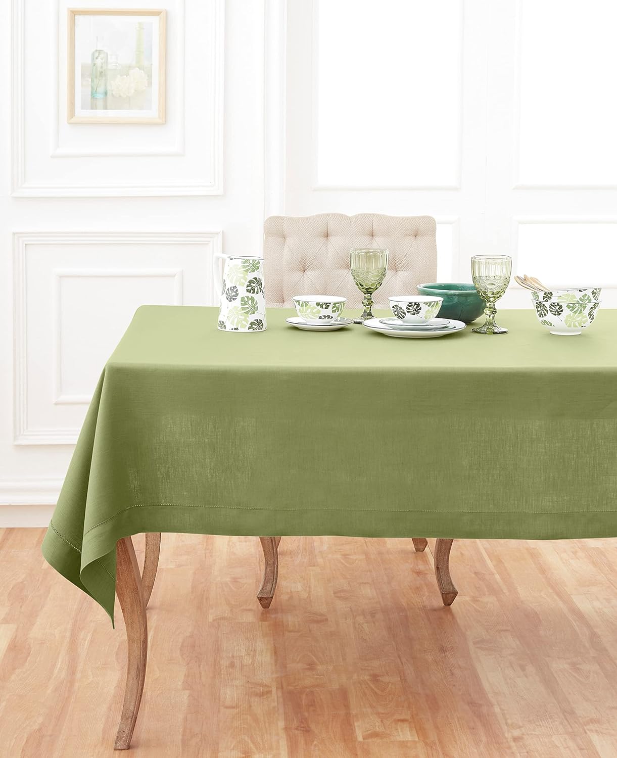 Moss Green Tablecloth 60 x 108 Inch - Classic Hemstitch Linen