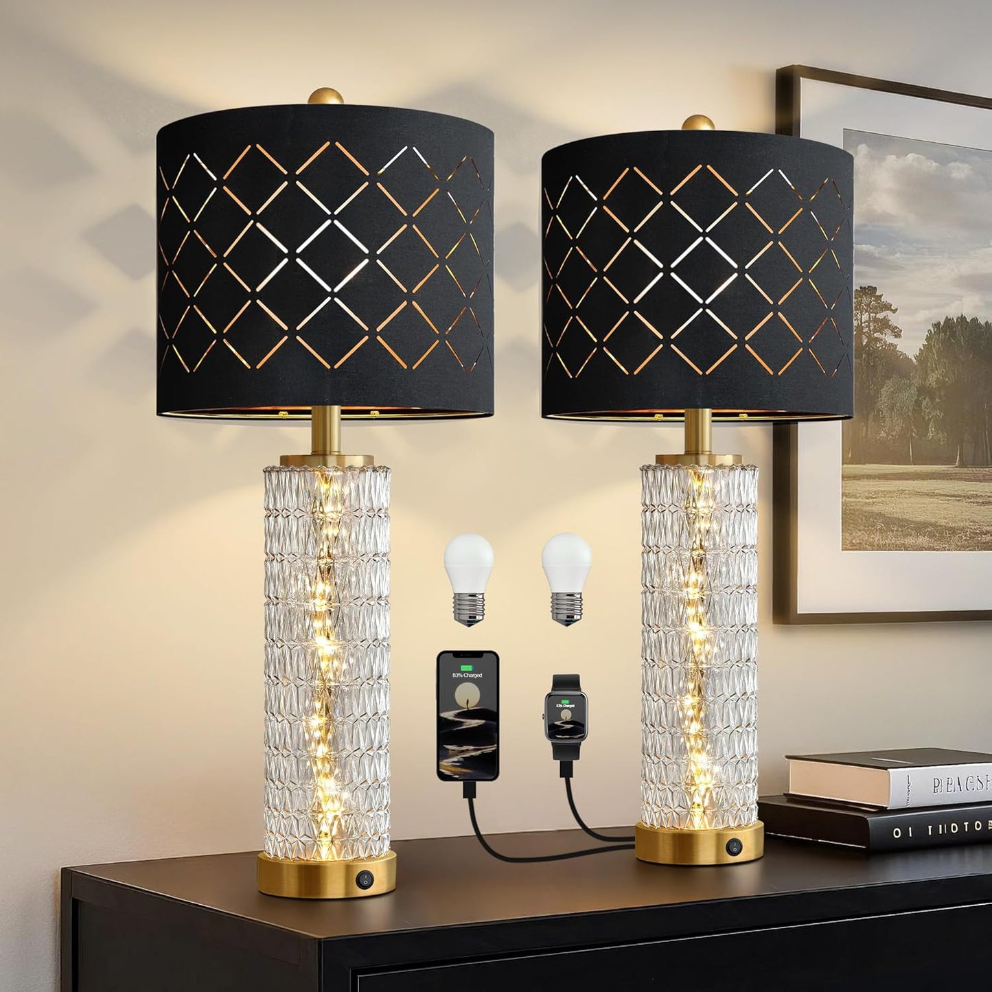 Modern Table Lamps Set of 2 with USB Ports and Crystal Nightlight