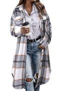 Womens Plaid Shacket Corduroy Long Shirt Coat - Oversized Fit