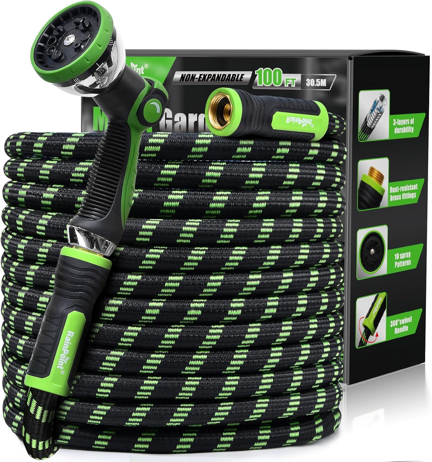 RAINPOINT Metal Garden Hose 100 ft - No-Kink, Durable Design