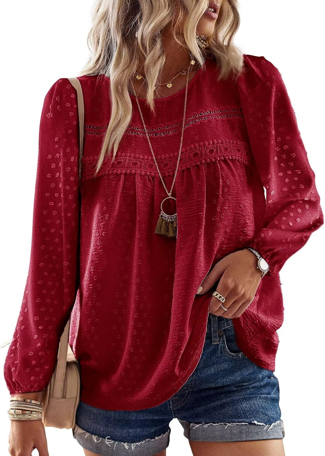 Womens Fall Tops Crewneck Long Sleeve Casual Chiffon Blouses
