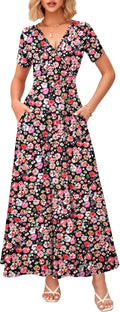 WNEEDU Women's Summer Maxi Dress Wrap V Neck with Pockets (Style YSSC)