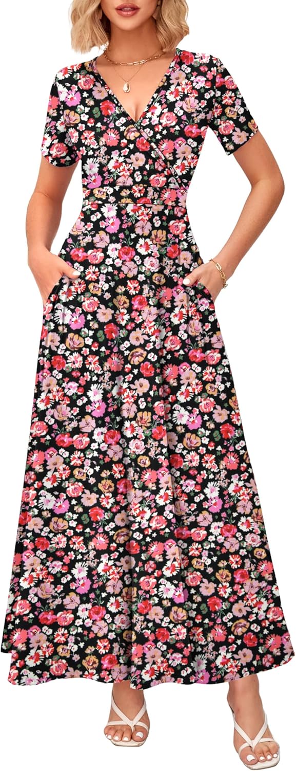 WNEEDU Women's Summer Maxi Dress with Pockets for Style