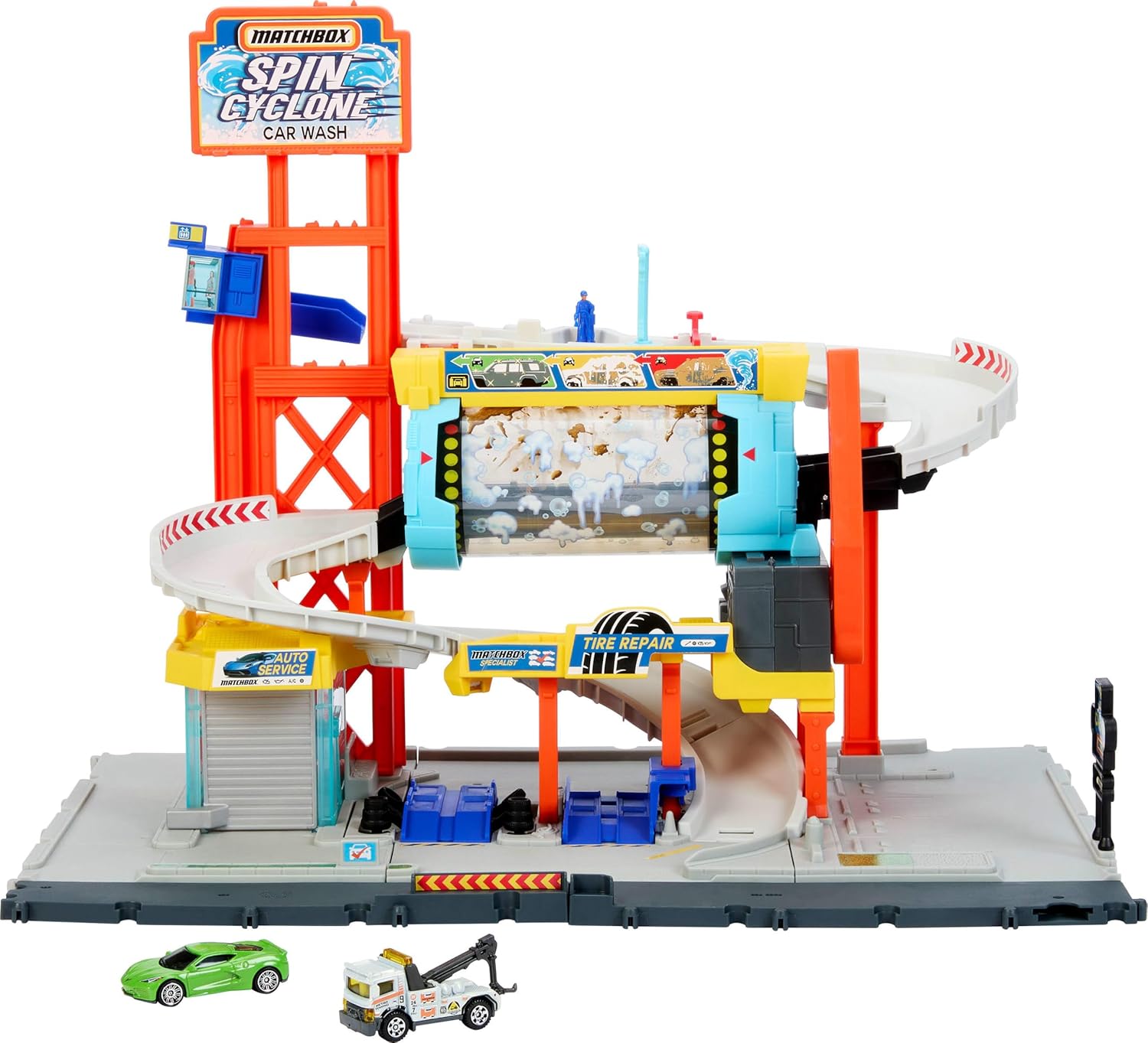 Matchbox Spin Cyclone Car Wash Playset with Corvette & Tow Truck