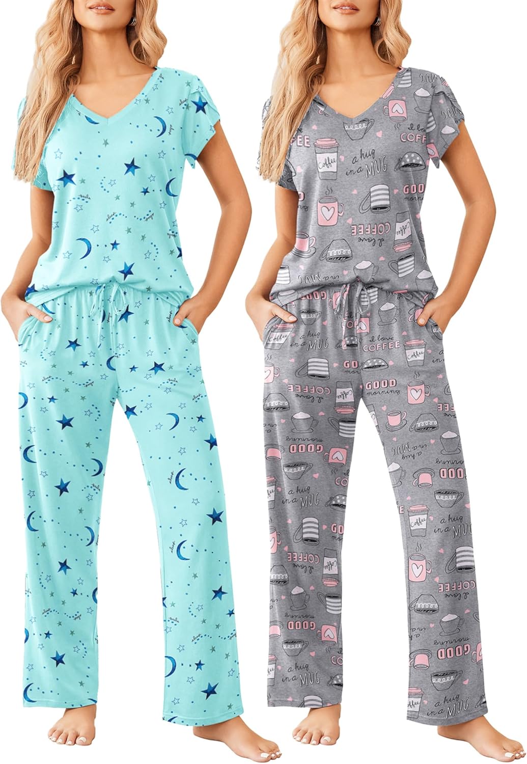 Ekouaer 2 Pack Womens Pajamas Short Sleeve Sleepwear Sets