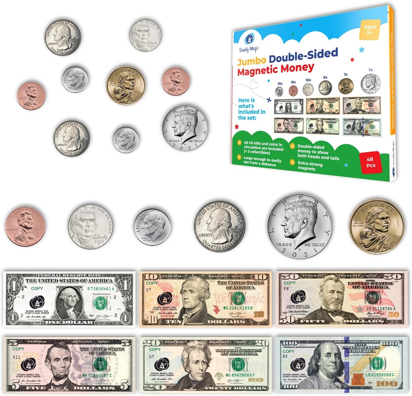 48 PCS Large Double-Sided Magnetic Money for Kids Learning
