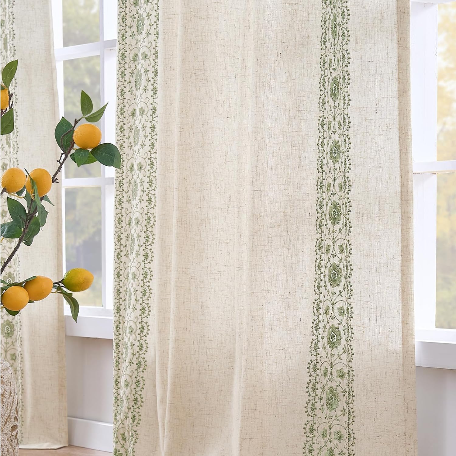 Boho Lined Linen Curtains for Bedroom with Vintage Floral Design