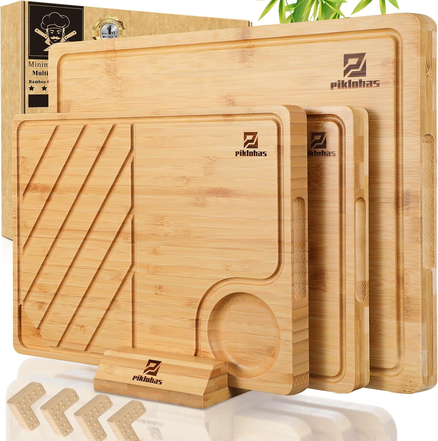 Large Bamboo Cutting Boards Set of 4 for Kitchen Use and Gifts