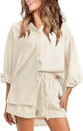 Women's Summer 2 Piece Stripe Sets Long Sleeve Button Down