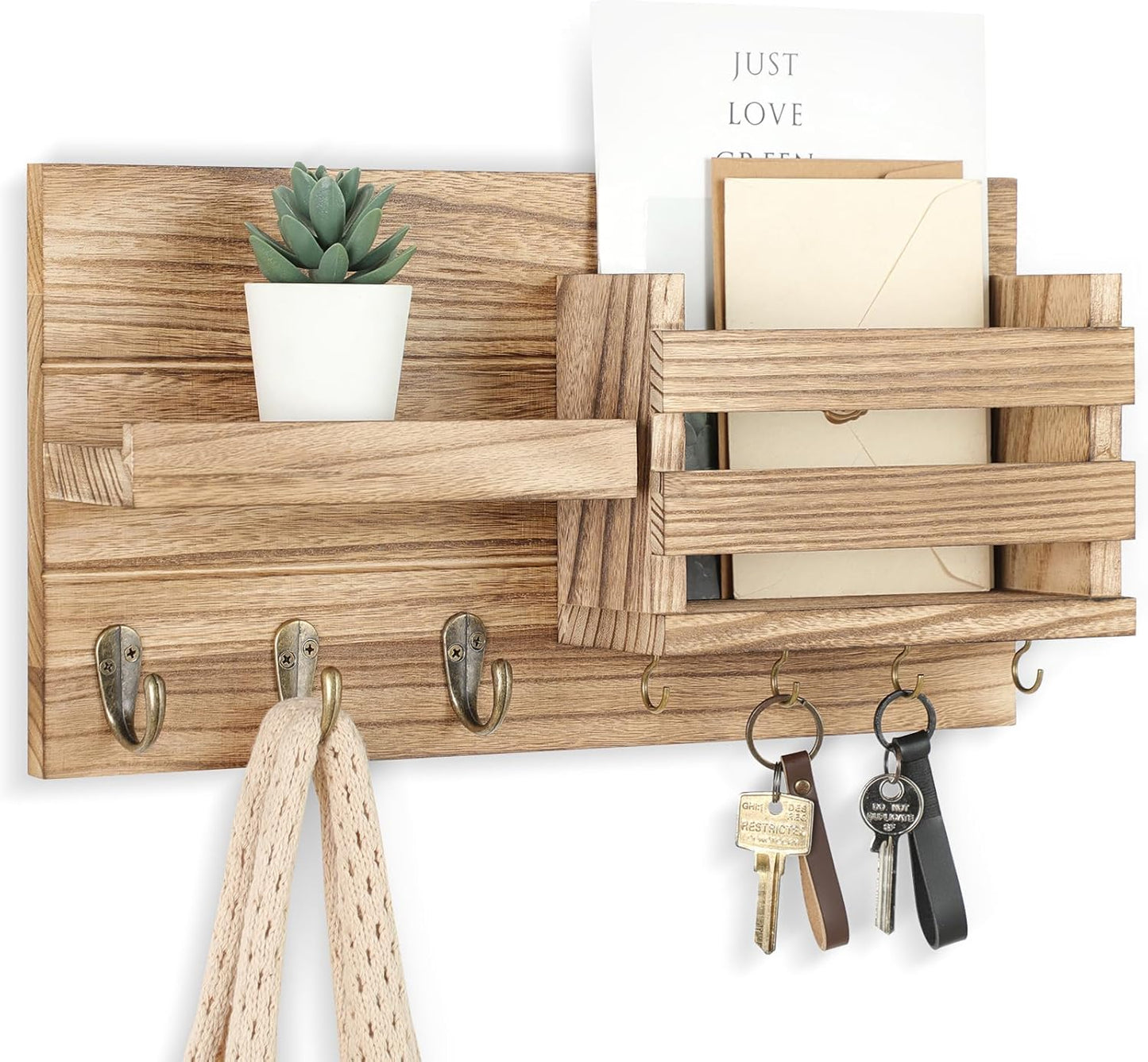 Mail Organizer for Wall Mount with Shelf and Key Hooks for Coats