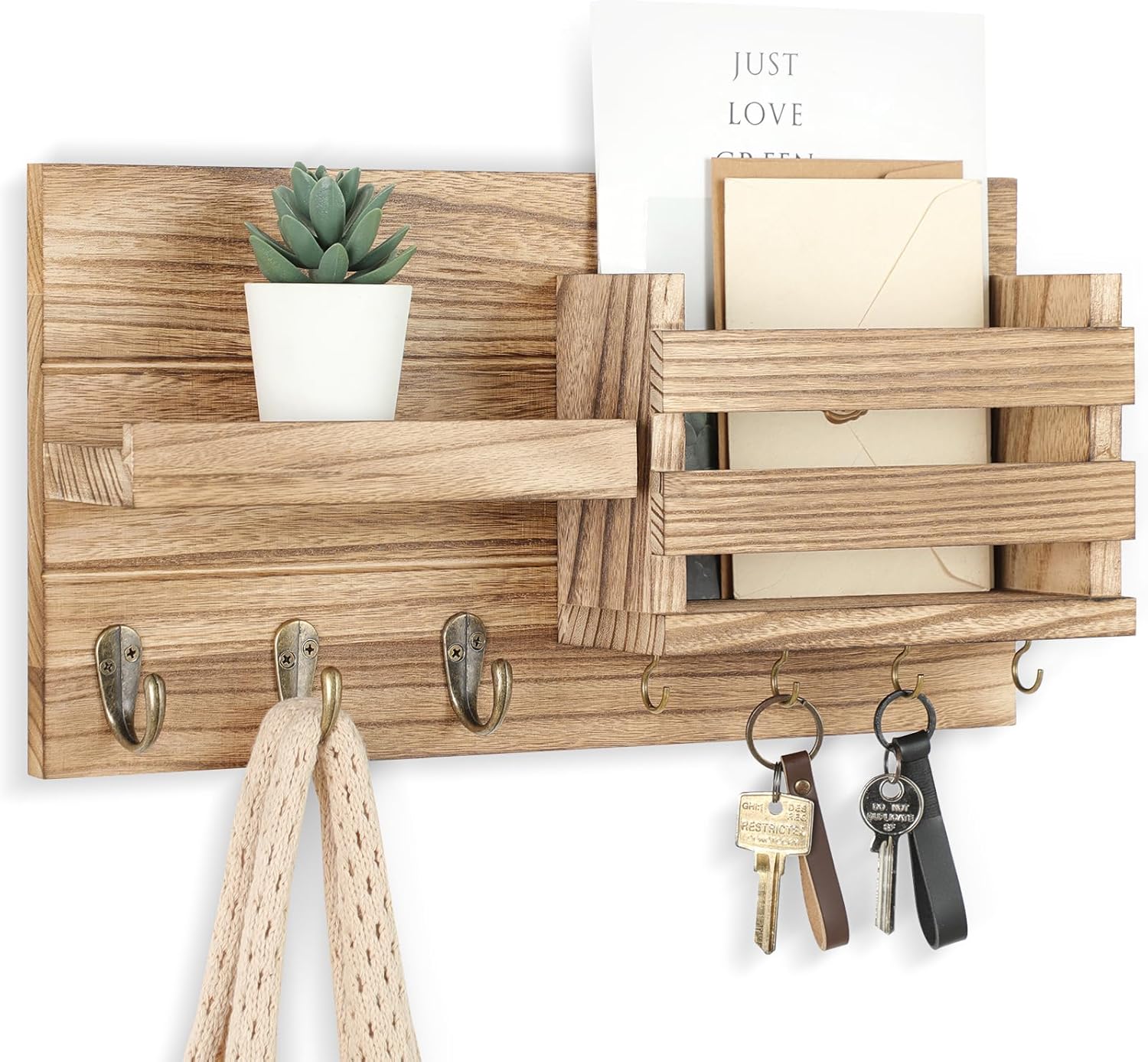 Mail Organizer for Wall Mount with Shelf and Key Hooks for Coats