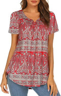 Floral Henley V Neck Tunic Blouse - Flowy Pleated Summer Top