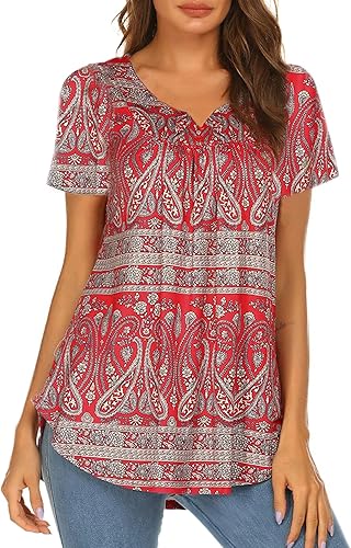 Halife Women's Floral Printed Short Sleeve Henley V Neck T-Shirt