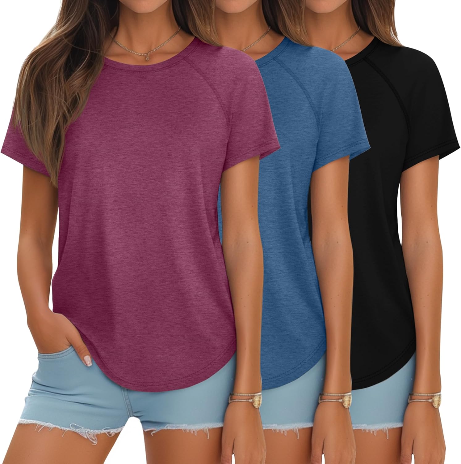 Ficerd 3 Pcs Women Short Sleeve Shirts for Summer Style