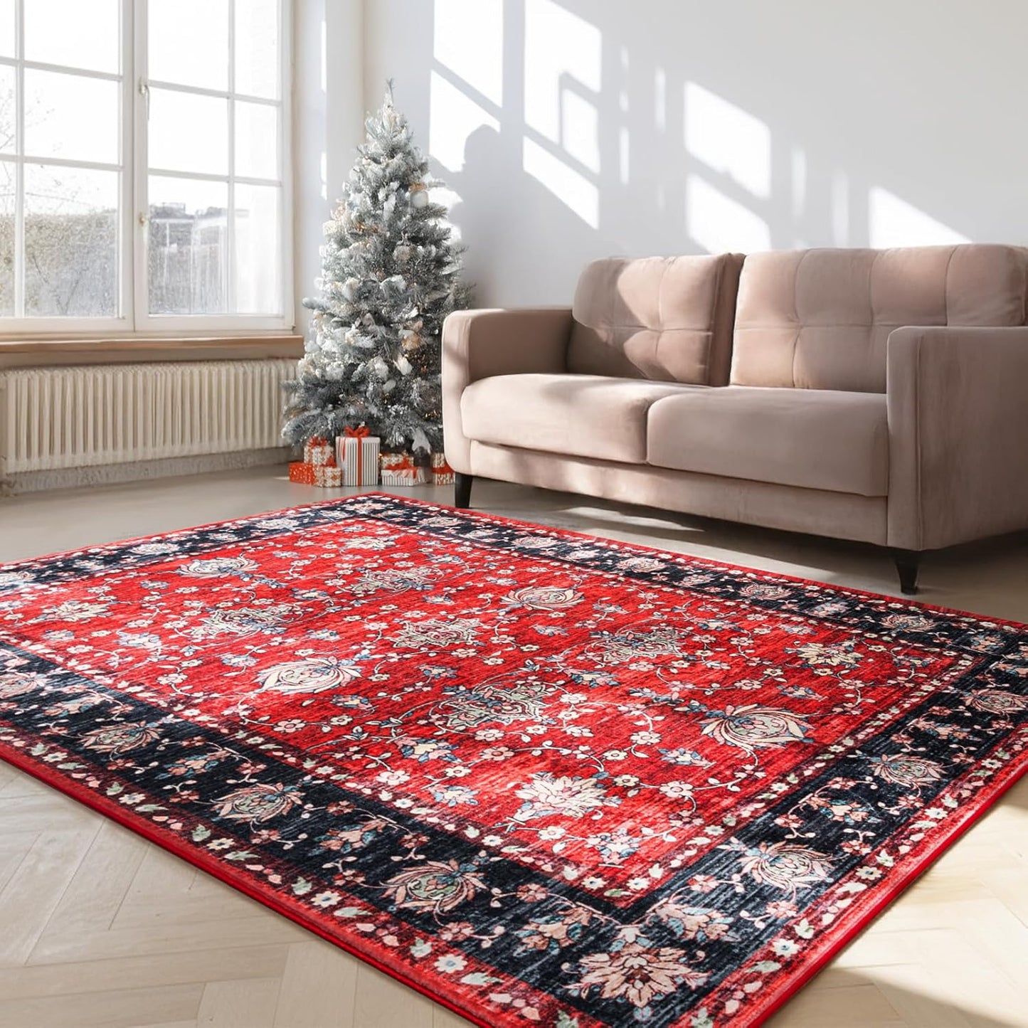 4x6 Washable Area Rug in Scarlet Red with Navy Border Design