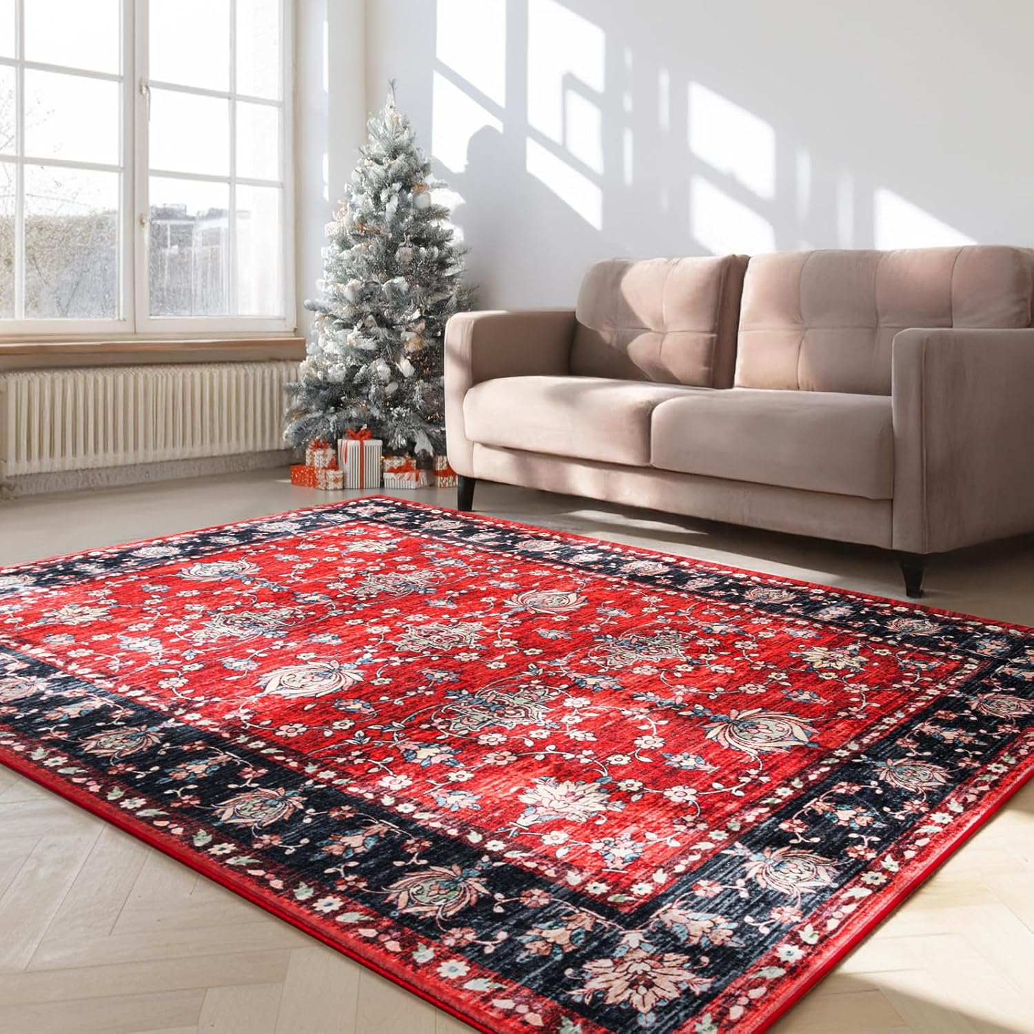 4x6 Washable Area Rug in Scarlet Red with Navy Border Design