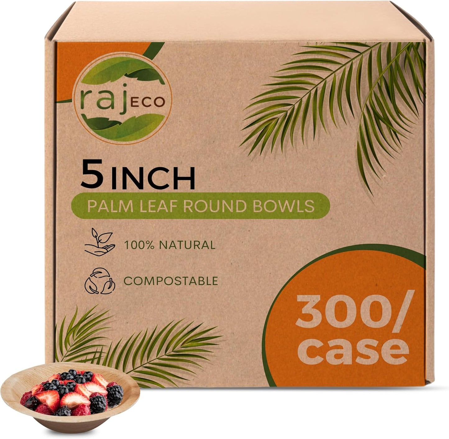 Raj Palm Leaf Bulk Bowls - 300 Pack of 5in Round Bowls