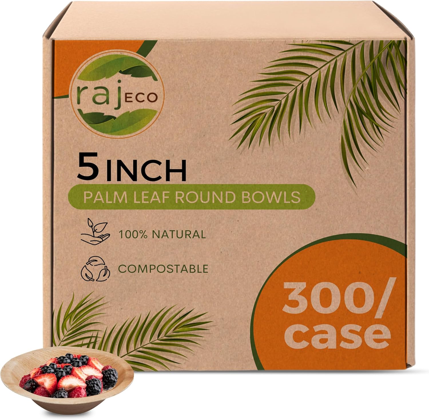 Raj Palm Leaf Bulk Bowls - 300 Pack of 5in Round Bowls