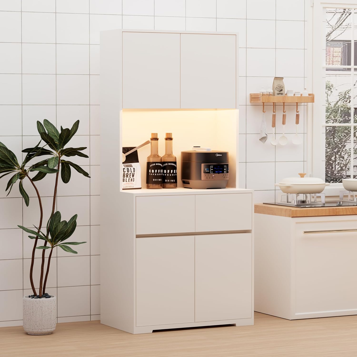 Chilihom White Cabinet: Organize with Power, LED, & Storage!