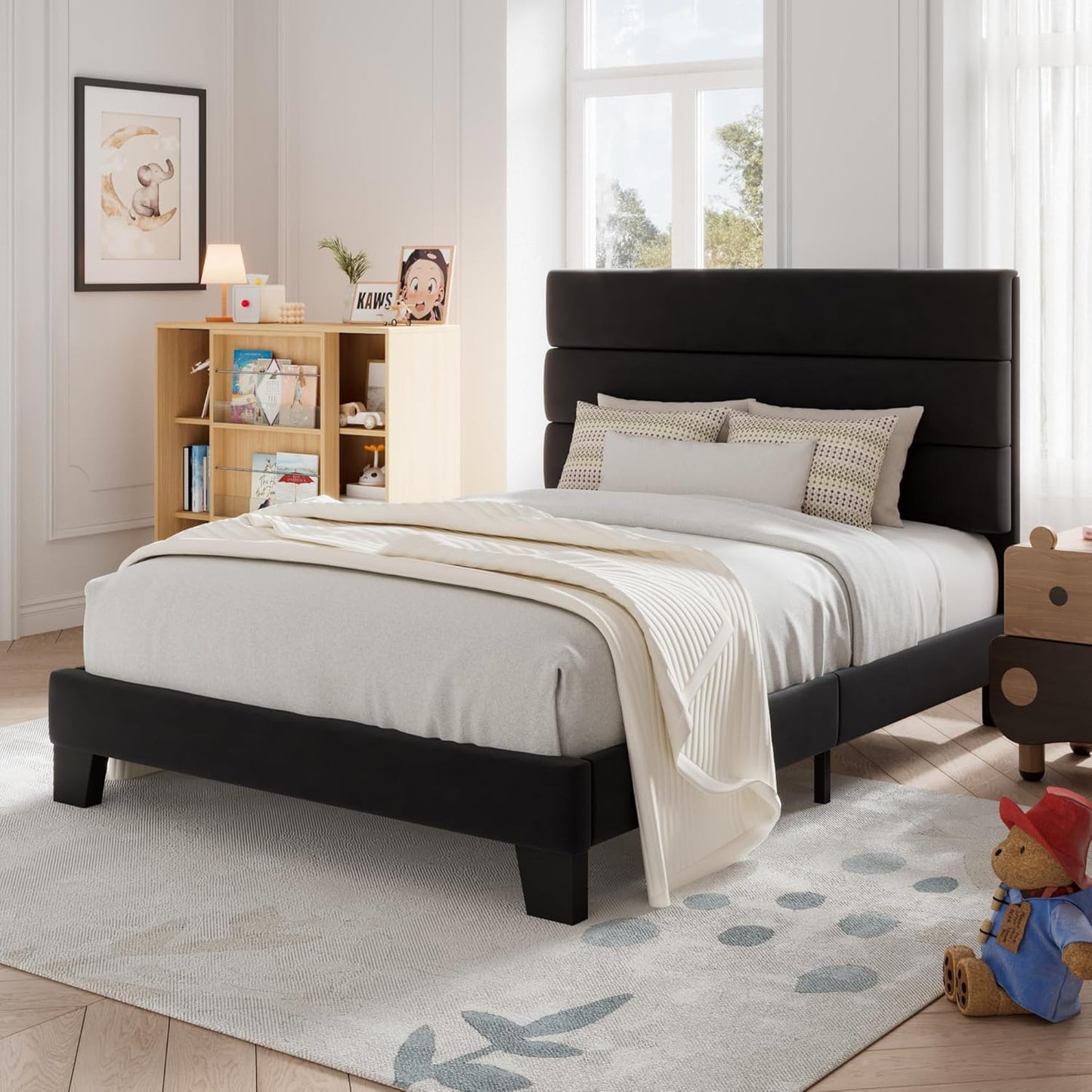 Allewie Twin Size Platform Bed Frame with Velvet Headboard
