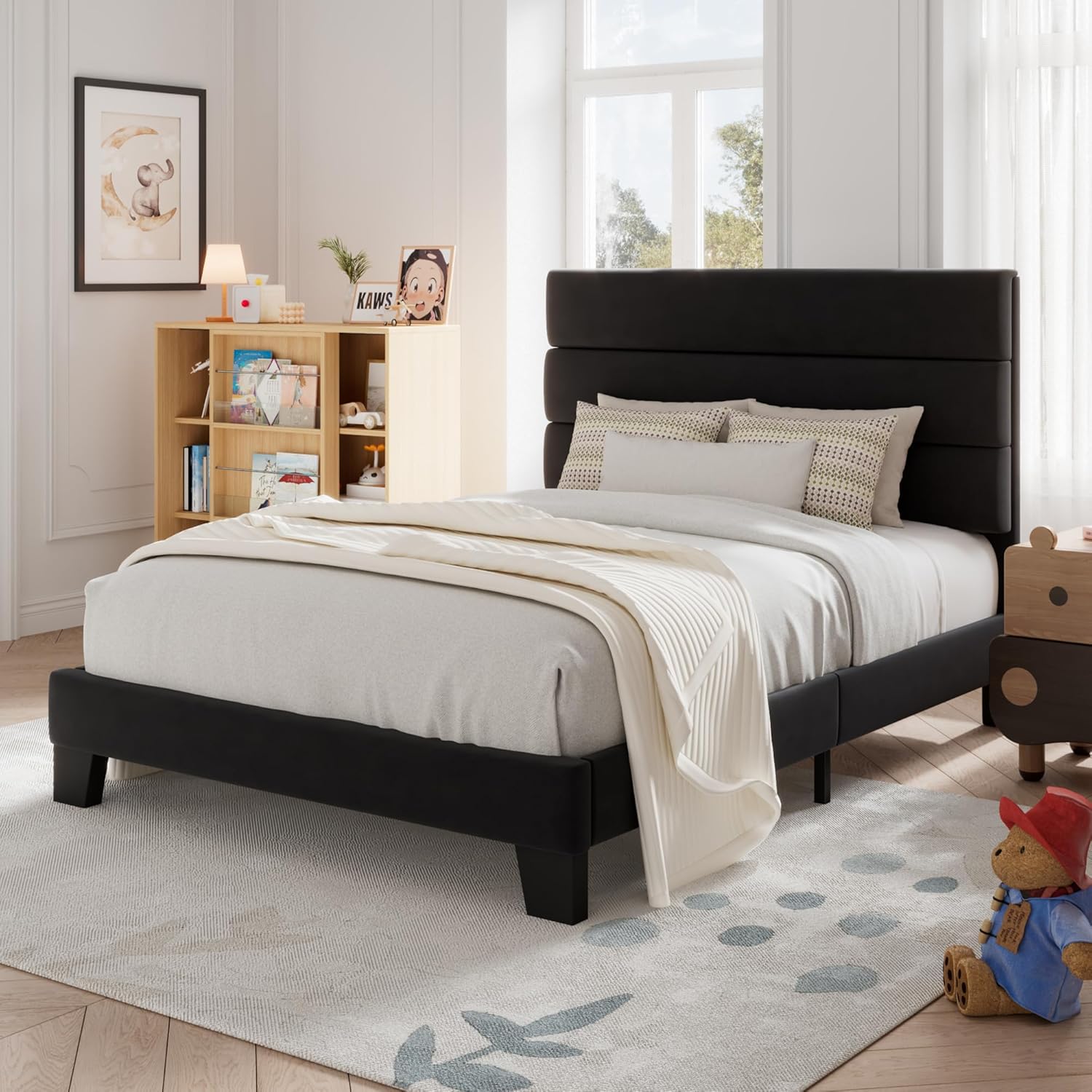 Allewie Twin Size Platform Bed Frame with Velvet Headboard