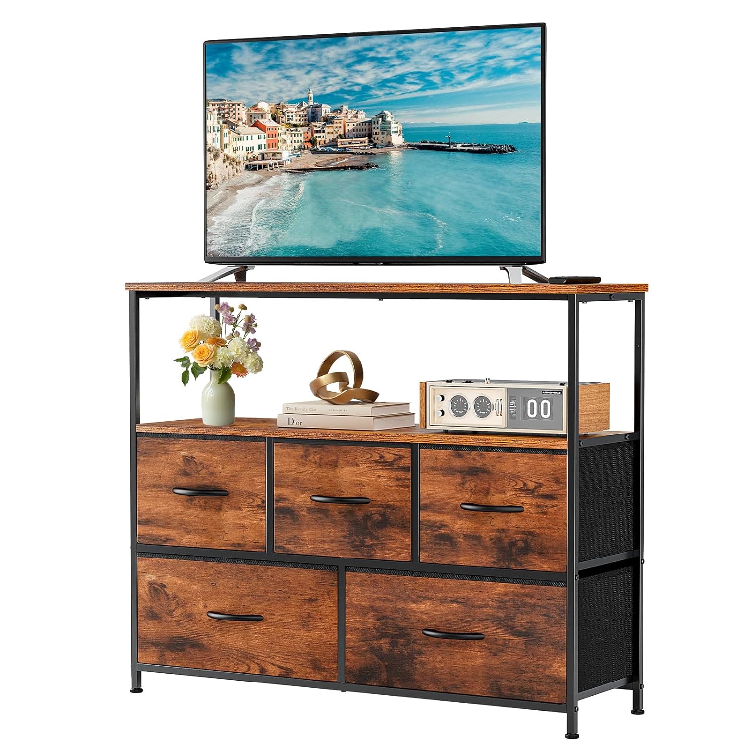 TV Stand with 5 Fabric Drawers for 45 inch TV Storage Organizer