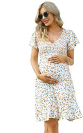 Maternity Ruffle Midi Dress for Women - Smocked V Neck Flowy Fit