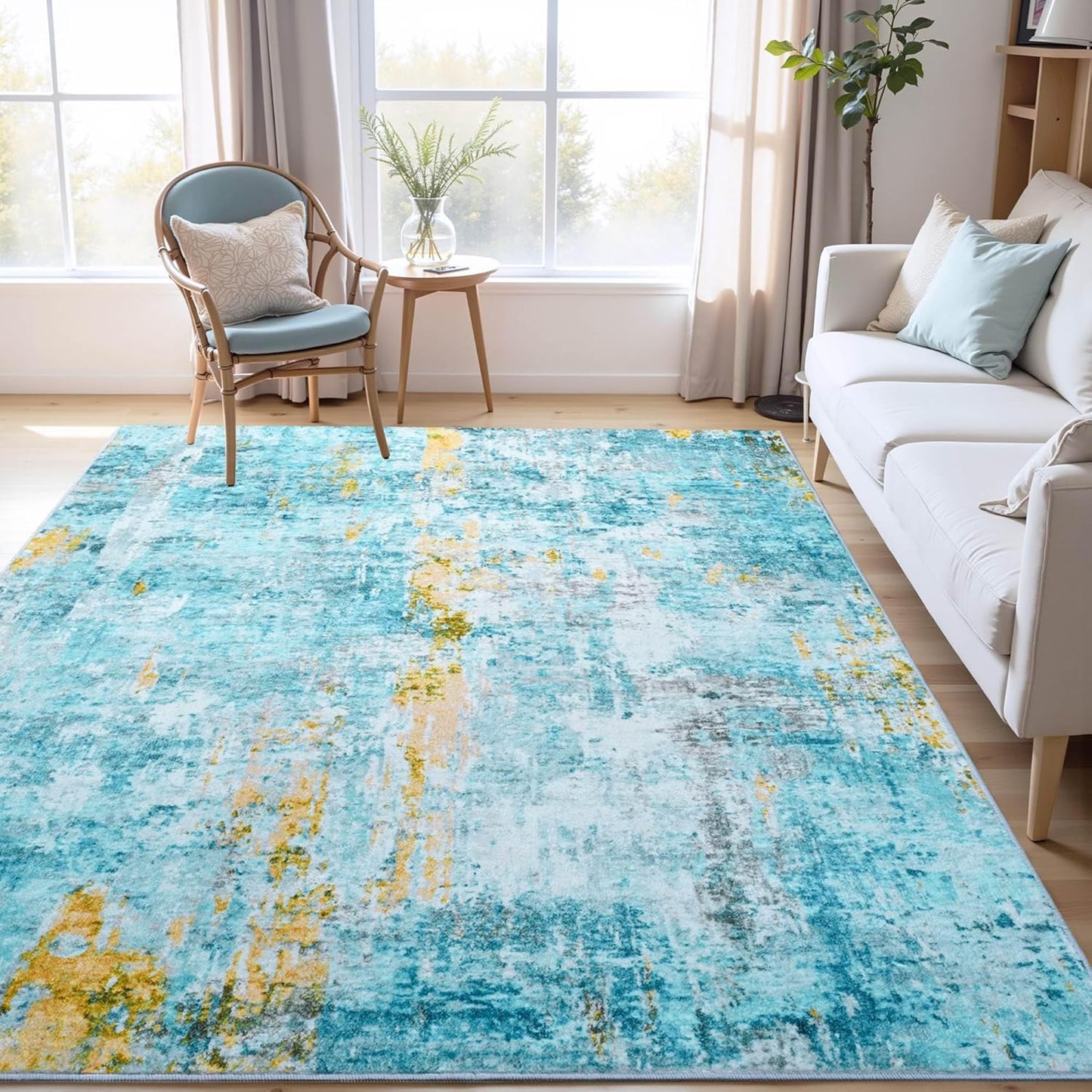 4x6 Teal Blue Area Rug - Washable Boho Non-Slip Carpet