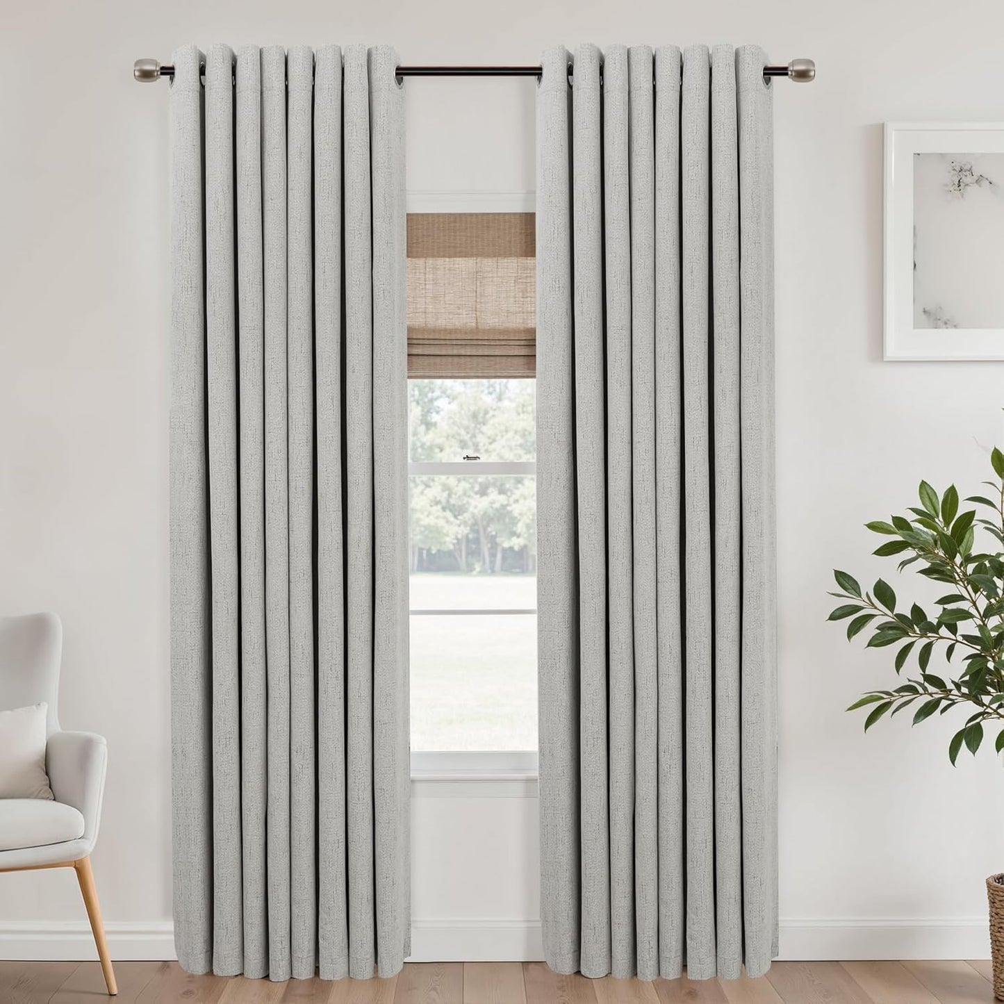 Mrs.Naturall Light Grey Grommet Linen Blackout Curtains 52x90