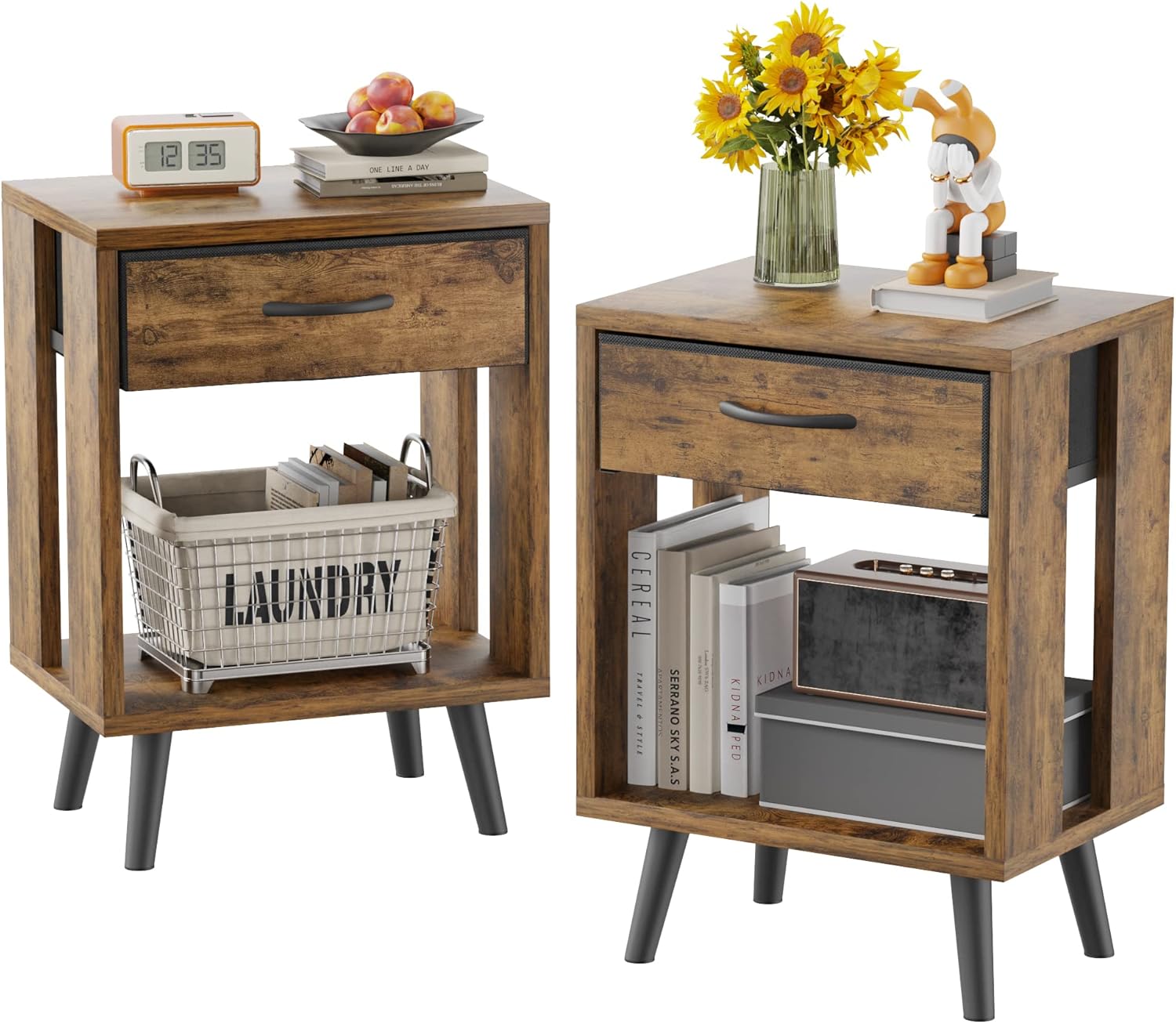Nightstand Set of 2 with Fabric Drawers for Rustic Style