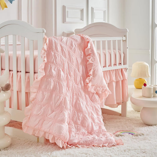 Ruffled Crib Bedding Set - Cute Soft Breathable Seersucker Design